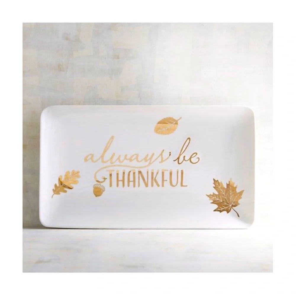 Pier 1 “Always Be Thankful” Porcelain Gold Thanksgiving Platter Rectangular 8x14